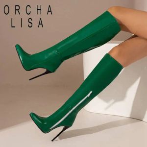 Bottes Orcha Lisa Ladies Knee Boots 39cm Patent Stiletto Talon haut 12cm Toe pointu Zip Large taille 47 48 FURME SEXY SUIL