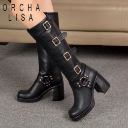 Boots orcha lisa femmes chevauchant des bottes carrées toe talons hauts chunky 9cm glissade sur les boucles de ceinture plus taille 41 42 43 Classic Knee Boties