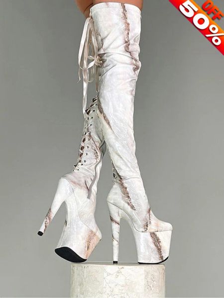 Bottes sur le genou Bottes Chaussures fétiche sexy 20 cm Lacet Up Platfor en cuir breveté talons de nuit Pole Dance Dance exotique Nouveau