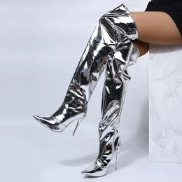 Bottes Au-dessus du genou bottes longues femmes miroir plate-forme bout pointu Punk hauts talons fins bottes automne hiver Zip argent décontracté chaussures de fête 231109