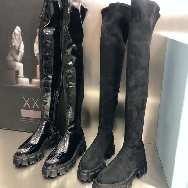 Bottes longues au dessus du genou pour femmes, chaussures en cuir verni, fond épais, bout pointu, plateforme de chevalier, botte élastique