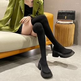 Bottes au-dessus du genou, cuissardes hautes pour femme, chaussures d'hiver à plateforme épaisse, chaussures longues pour noir élastique coréen