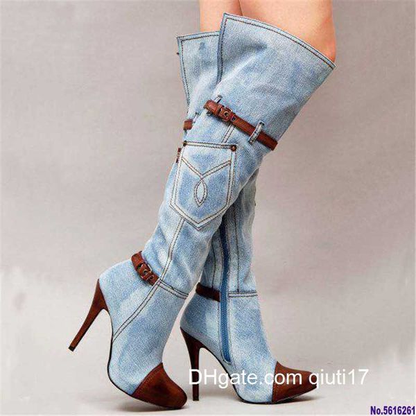 Bottes sur le genou femmes bottes automne hiver denim talons hauts dames chaussures sexy boucle sangle plate-forme longue t 221108 Z230720