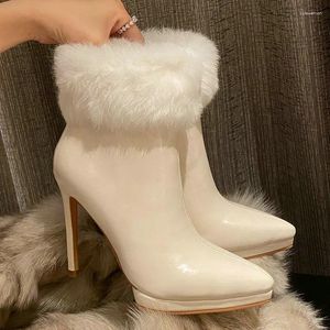 Boots Patent Leather Point Toe Stiletto Bottises Sexy Hiver Winter Real Fur Fur Snow Western Lady Thin High Heels Chaussures