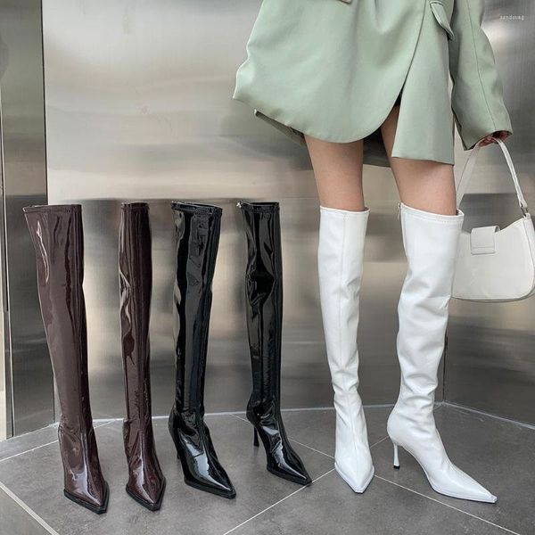 Botas Patente de cuero Mujeres sobre la rodilla del dedo del pie puntiagudo Tacos altos zapatos estiramientos Bombas de moda Blanca Bomba de invierno marr￳n blanco blanco