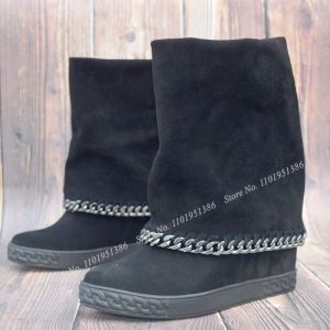 Boots pereira Black Chain Flock Suede Turn Over Boots hauteur solide orteil rond
