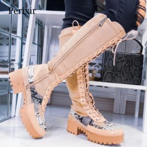 Bottes Périxir Band Designer Femmes Knee High Boots Faux Tox Cuir Round Toe Boots Femme Long Block High High Heel Lace Up Shoes Black