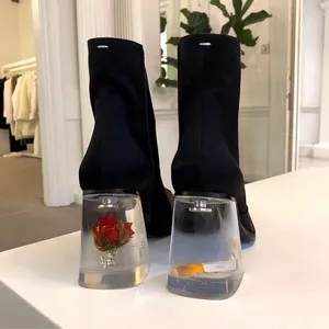 Bottes de styliste personnel, intérieur irrégulier, Rose, talon clair, cheville, bout carré, fleur transparente, talons épais, français