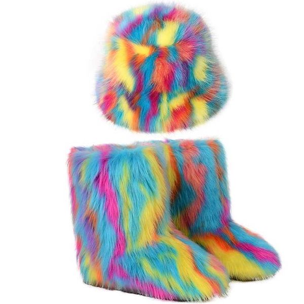 Bottes Bottes en peluche personnalisées costume long chapeau de pêcheur coloré laine chaude neige femmes hiver 230830