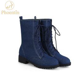 Boots phoentin dames laceup denim denim midcalf bottes med plate with talon bleu court bottes d'hiver pour femmes jeans adhésifs chaussures ft155