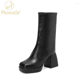 Bottes Phoentin rétro bout carré plate-forme Chunky mi-mollet fête femme talons hauts élégant casual chaussures noires taille 34-43 FT1715