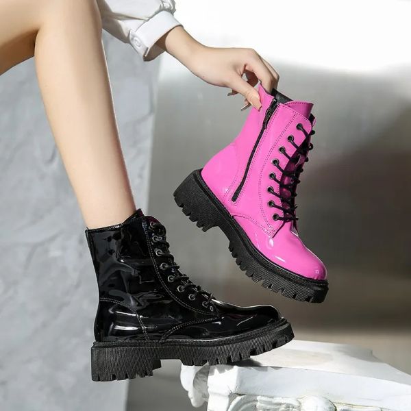 Botas Pink Chunky Platform Boots Botas Mujeres 2024 Botas de cuero de otoño Botas laterales Zapato de cremallera