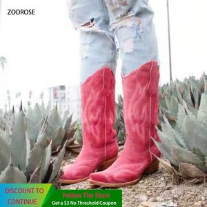 Laarzen roze cowboylaarzen Mid-Kalf High Cowgirl Botas Dames Vintage geborduurde gedrukte rijbootjes PU Leather Fashion Ladies Shoes T221028