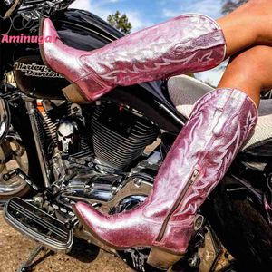 Bottes Bottes occidentales de Cowboy rose pour femmes, flambant neuves avec broderie, mode Cowgirl confortable et mignonne, bottes à hauteur du genou pour printemps et été, 2023, T230824