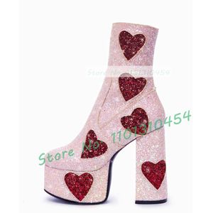 Botas Pink Glitter Platform Botines Mujeres Lovely Red Heart Calcomanías High Block Heels Shoes Ladies Sparkly Fashion Party Dress Boots 230801