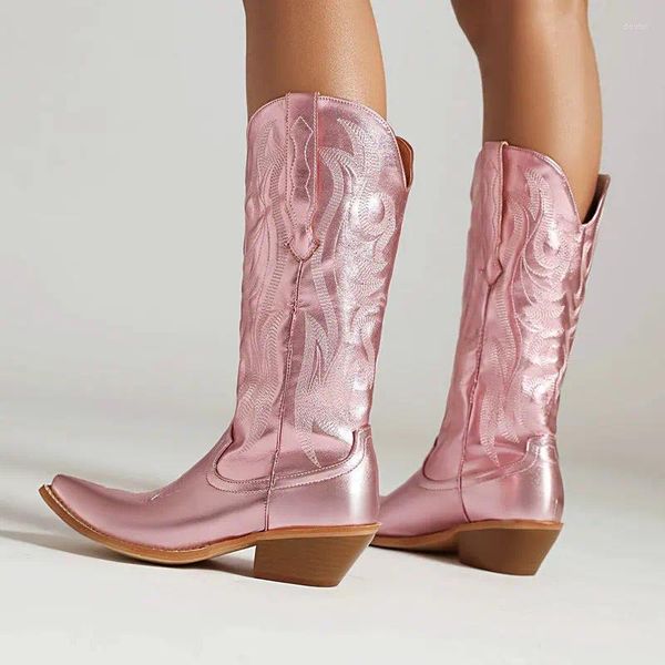 Bottes Rose Or Argent Femmes Western Cowboy Boot Embroide Cuir Artificiel Coins Talon Bas Mi-mollet Automne