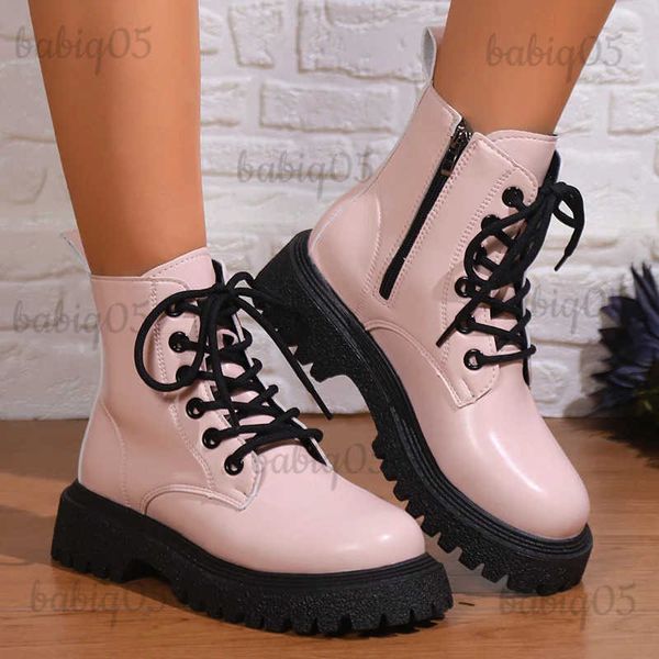 Botas Pink PU Plataforma de cuero Botas de tobillo Mujeres 2023 Otoño Zip Lace Up Botas de combate Mujer Fondo grueso antideslizante Botines de motocicleta T231117