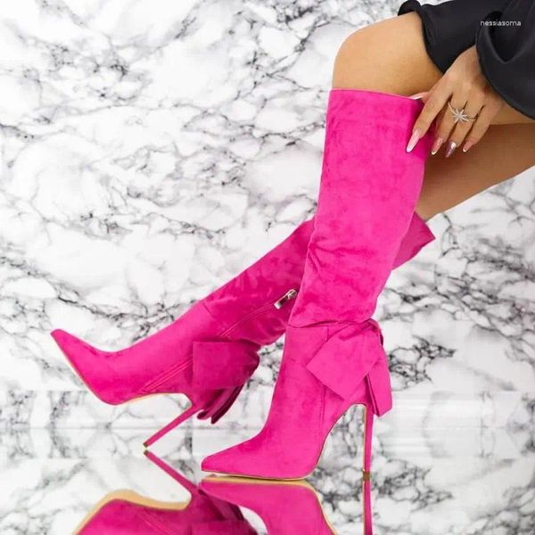 Boots Pink Stietto Velvett Bow Chaussures