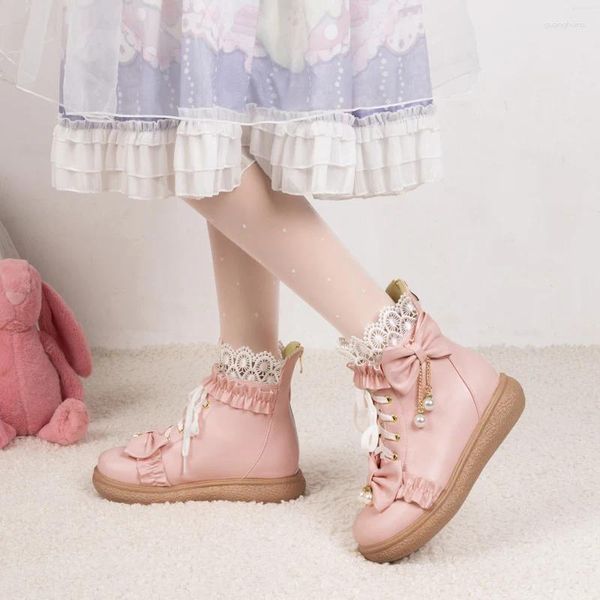 Bottes rose blanc doux princesse cheville croisée nœud papillon perles pendentif semelle en TPU talon bas fête femmes chaussures automne hiver 2024