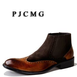 Botas PJCMG Hombres de alta calidad Banda elástica de tobillo impermeable goma casual de goma de goma casual de cuero oxford de cuero genuino para hombres botas