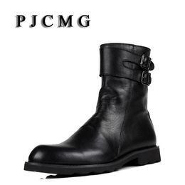 Bottes PJCMG Men's Great Cuir Black Black Outdoor Strap en caoutchouc imperméable Martin Office Business Office For Homme Bottes avec fourrure