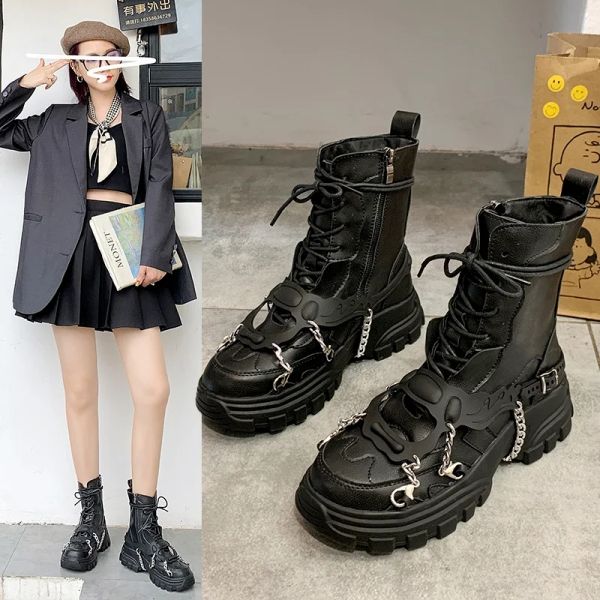Boots plate-forme bottes dames punk gothic pour les nouveaux combats pour femmes Boots décontractés en métal noir bouton chevalier chaussures de moto féminin