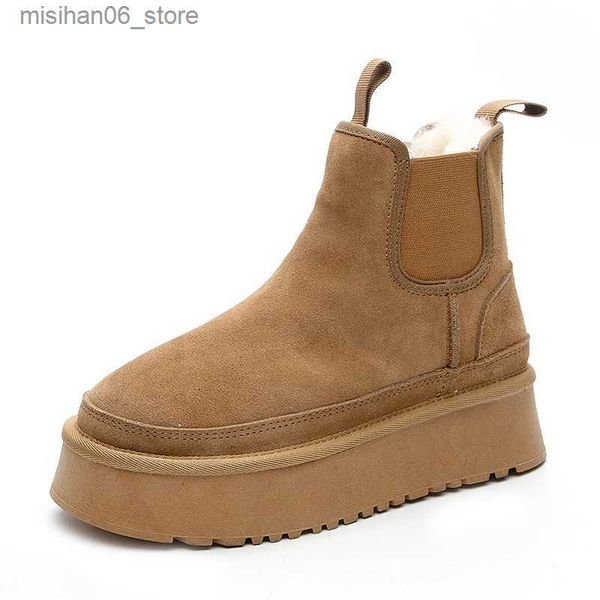 Botas Plataforma Chelsea Tobillo Botas Mujer Invierno 2023 Piel Zapatos de diseñador de lujo Mujeres Pisos Tacón Cálido Casual Elegante Felpa Botas de nieve Q231012