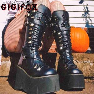 Bottes Plate-forme Gothique Genou Haute Bottes Chaussures Pour Femmes Zip Cosplay Conception Bottes De Combat D'hiver Punk Wedges Moto Chaussures T230712