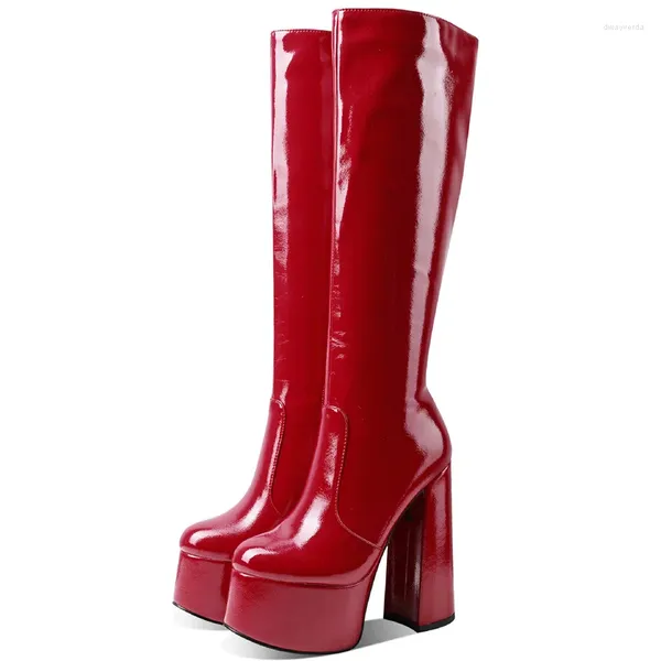 Boots plataforma rodilla alta para mujer sexy cuadrado del tacón lateral cremallera otoño invernal muslo bota roja zapatos de fiesta de patente negra damas