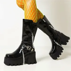 Bottes Plateforme Moto Femmes Cuir Verni Bout Rond Mi-mollet Talons Hauts À Lacets Boucle Creepers Chaussures EUR35-43