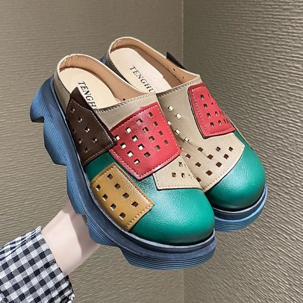 Botas zapatillas de plataforma zapatillas para mujeres PU cuello de cuero PU Sandalias retro sandalias de verano para mujeres esponja grues