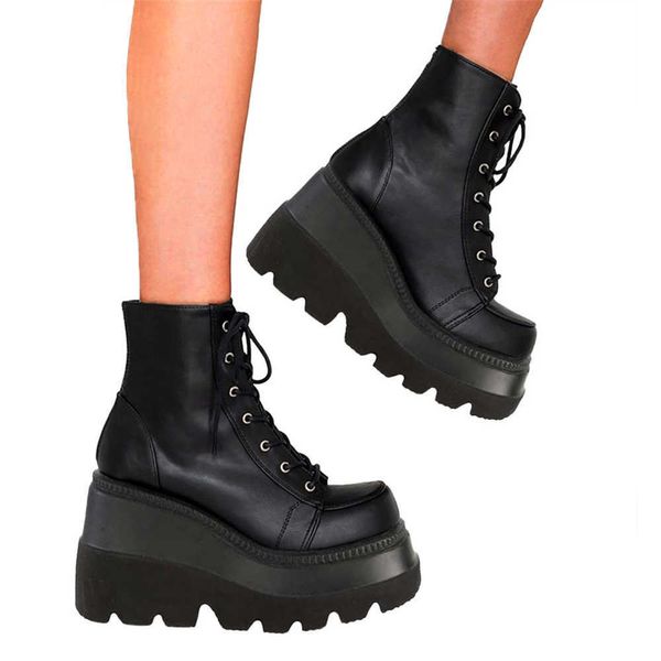 Botas Plataforma Cuñas Botines de Halloween Mujer Cordones Marca Negro Punta redonda Zapatos de invierno Botines de combate gótico Z0605