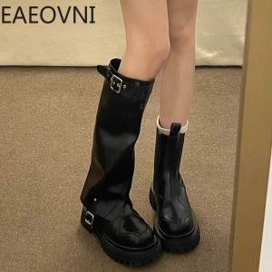 Laarzenplatform Winter High Boots for Women Fashion Slip On Long Pipe Boots vrouwelijke elegante dikke bodem dames Knight Botties