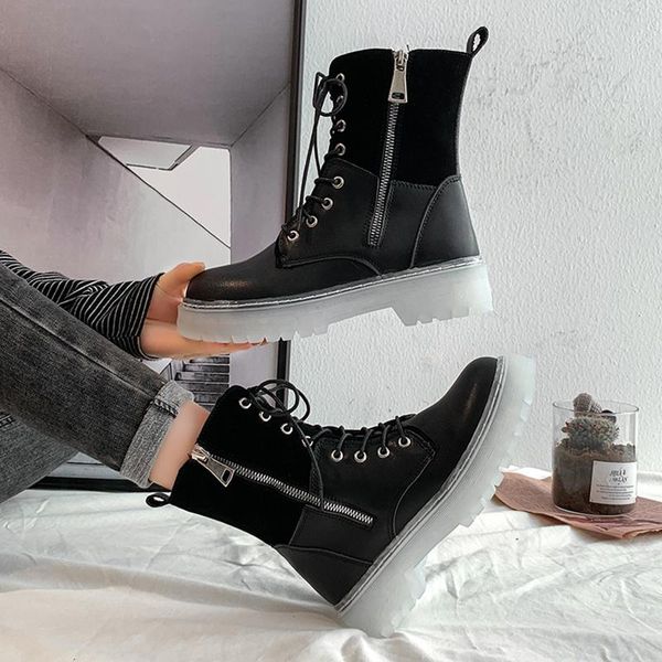 Botas Plataformas Mujeres Flockpu Zapatos de cuero Femenino Lace-Up Zey Knight Botines Transparente Soled Toe Motocicleta Bottes