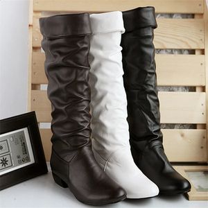 Bottes plissées mode western botte genou blanc pu cuir talons bas chaussures automne hiver longue taille 3543 231116