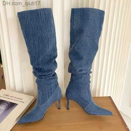 Bottes plissées talons hauts bottes en jean pour femmes 2023 automne jean genou haute botte de cowboy femmes bleu mince talons hauts longs Botas Feminina Z230728