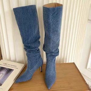 Bottes Plissées talons hauts bottes en jean pour femmes automne jean genou haute Cowboy bottes femme bleu talon fin longue Botas Feminina 231108