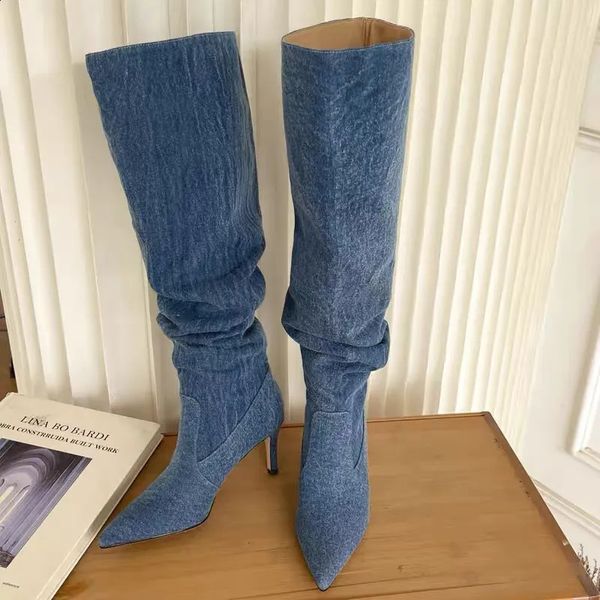 Bottes Plissées talons hauts bottes en jean pour femmes automne jean genou haute Cowboy bottes femme bleu talon fin longue Botas Feminina 231118