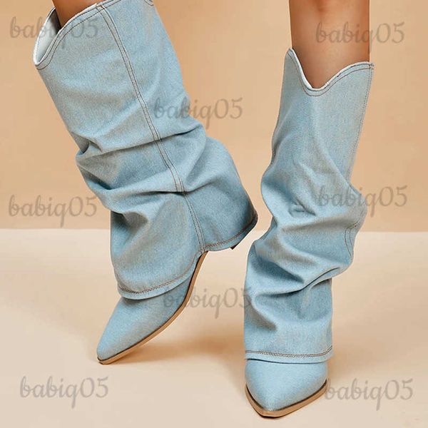 Bottes Bottes en jean plissées au genou pour femmes 2023 automne bout pointu talons épais bottes de Cowboy femme grande taille 42 chaussures en jean occidental T231124