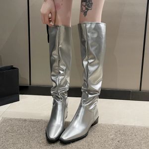 Laarzen geplooide knie High Silver Cowboy Boots Women 2023 Autumn Winter Lage Heel Pu Leather Long Boots Woman Pointed Teen Designer Shoes