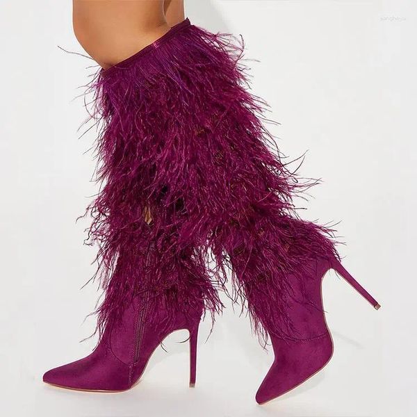 Botas Plum Faux avestruz de avestruz de la pluma puntiagudo tacón tacón tacón de rodilla de rodilla-altura chica genial zapatos casuales de otoño llegada sexy