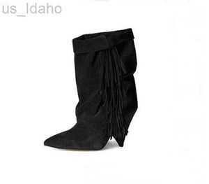 Botas de talla grande 10, botines con flecos de ante, botines plisados de tacón cónico sexis, zapatos de vestir de invierno de tacón bajo para mujer, negro, gris, L220923