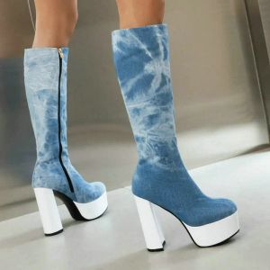 Laarzen plus maat 43 platform vierkant hoge hiel dames kalf laarzen denim ronde teen zijkant rits laarzen winter vrouwen knie high laarzen