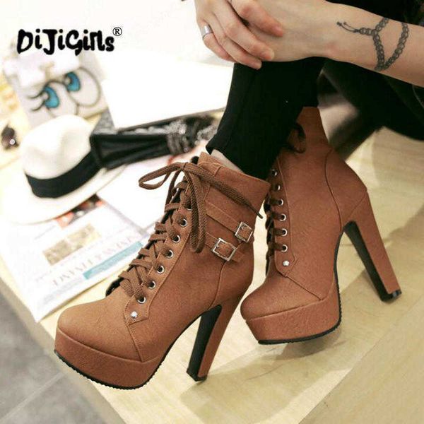 Botas Tallas grandes Botines para mujer Plataforma Tacones altos Mujer Zapatos con cordones Mujer Hebilla Bota corta Casual Señoras Calzado Dropship Z0605