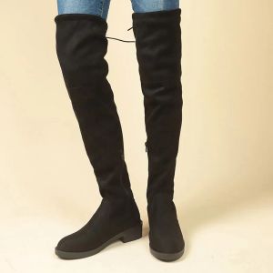 Laarzen plus size herfst winter knie high laarzen vrouwen varen slanke fit zwarte long laarzen vrouw mode lage hakken dij hoge bota's mujer