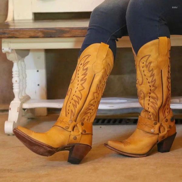 Bottes grande taille pointues Grain de bois talon épais conique brodé femmes genou haut Vintage Style ethnique Rivet Western