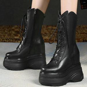 Bottes Plus taille pompes chaussures femmes lacets up up en cuir authentique coins en cuir haut talon neige femelle rond des baskets décontractées