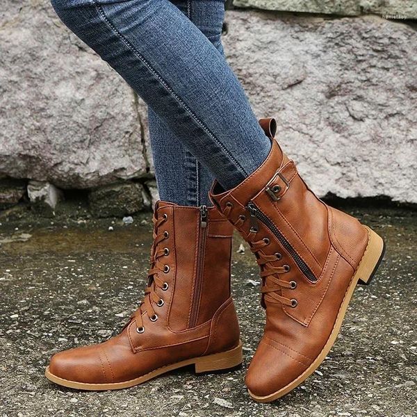 Bottes Plus taille rétro Femmes occidentales Punk Lace Up Up Buckle Motorcycle Zipper Mid Chalf Ladies Short Botas Plateforme