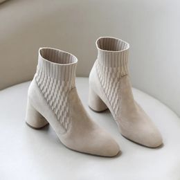 Bottes pointues cheville hiver femmes décontractées Chelsea talon moyen chaussettes tricotées faux daim talons féminins 231026