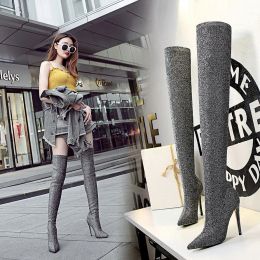 Bottes pointées Toe Bling Boots Boots Femmes 2021 Tissu pailleté Overtheknee Botte Night Club Stiletto High Heels Stretch Botas de Mujer